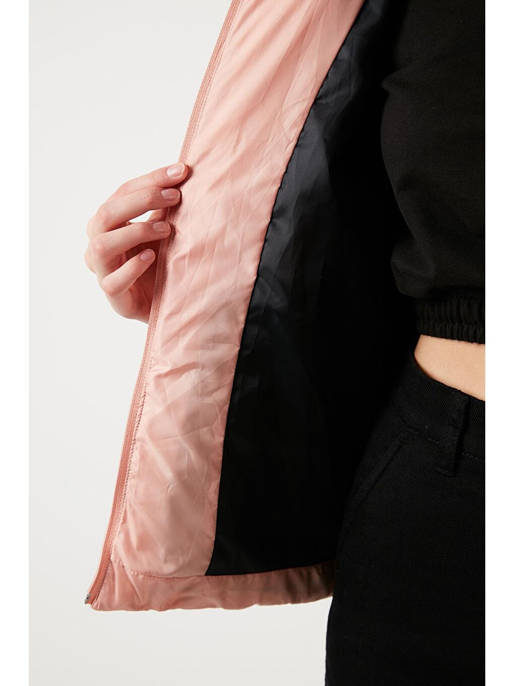 Pembe Yakası Suni Kürklü Kapüşonlu Şişme Mont 497MELIS-3