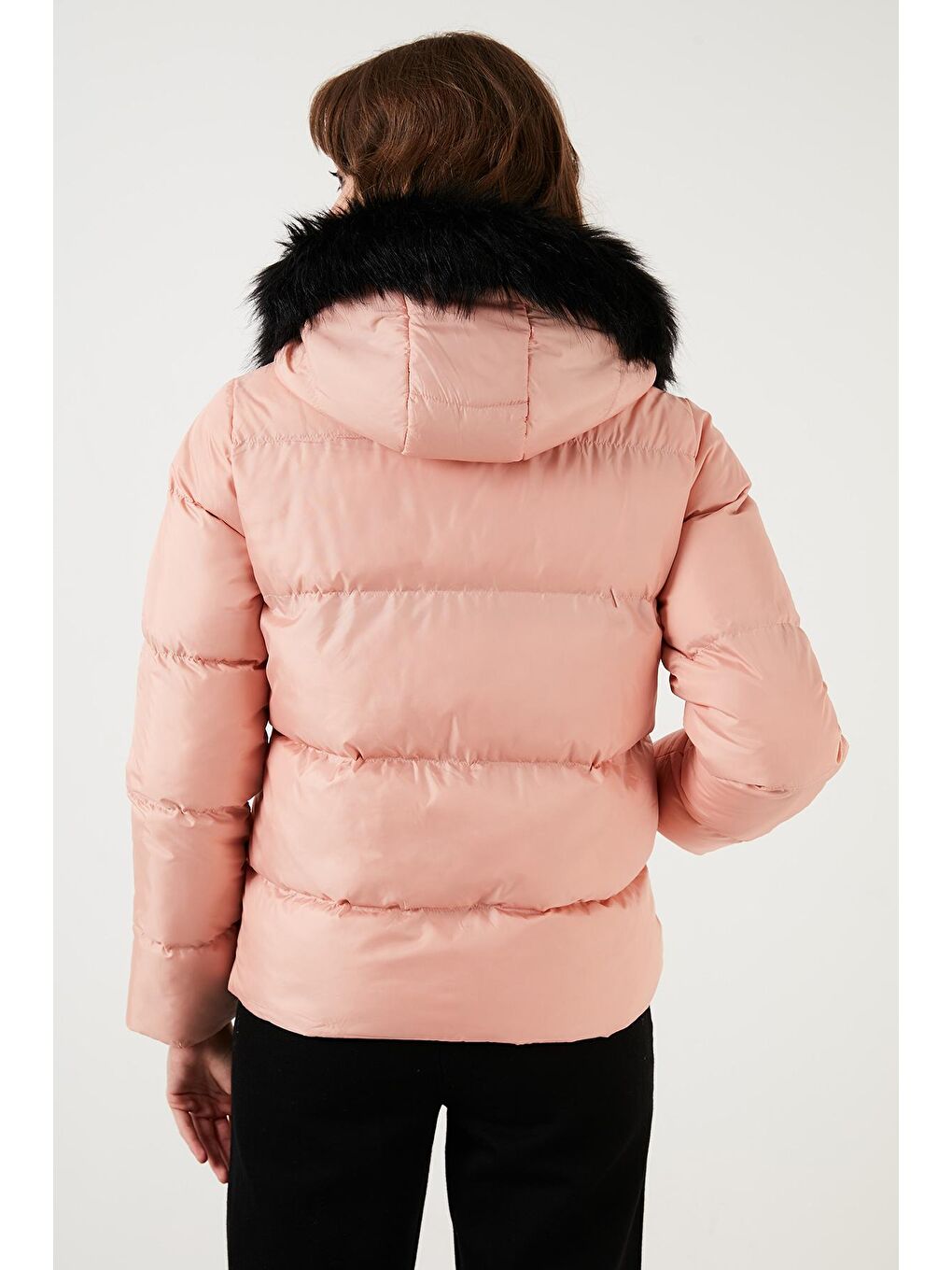 Pembe Yakası Suni Kürklü Kapüşonlu Şişme Mont 497MELIS-4