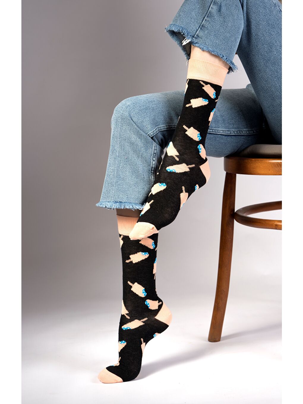 Siyah Ice Cream Desenli Çorap-3