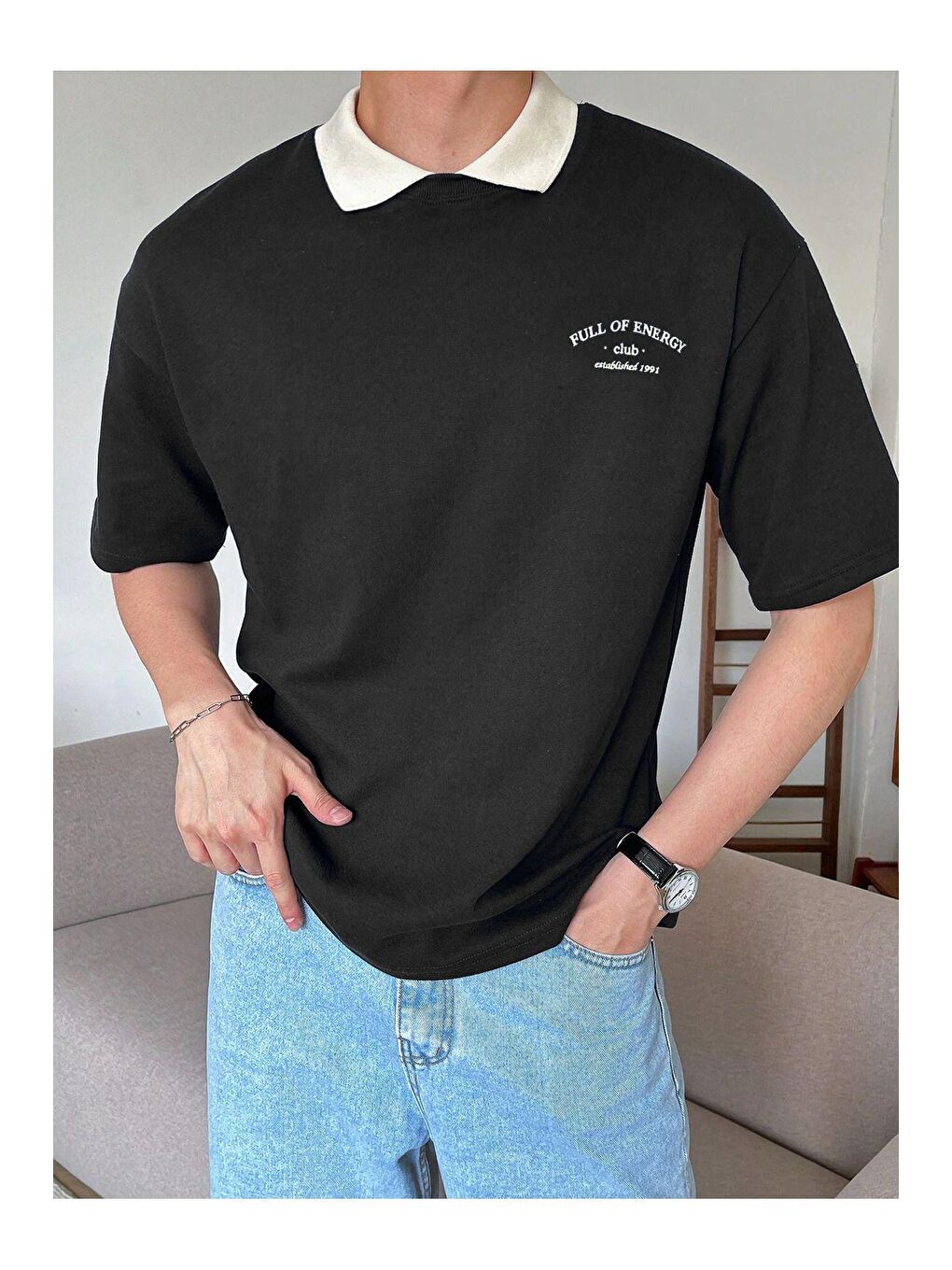 Siyah Polo yaka Erkek Oversize Tişört %100 pamuk kalın dokulu OVERSIZE-POLOYAKATSHIRT