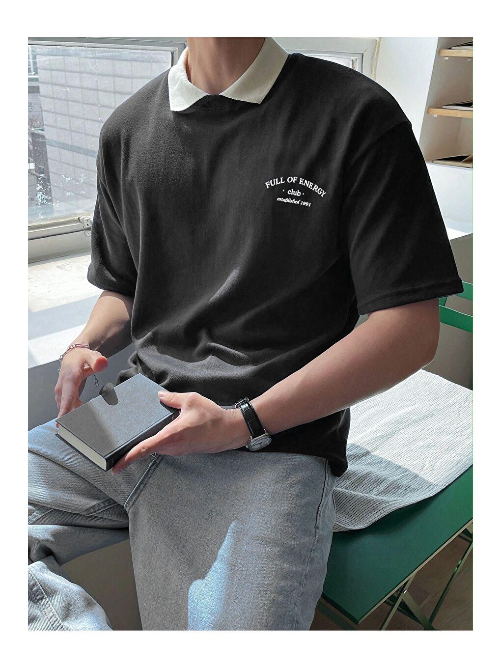 Siyah Polo yaka Erkek Oversize Tişört %100 pamuk kalın dokulu OVERSIZE-POLOYAKATSHIRT-1