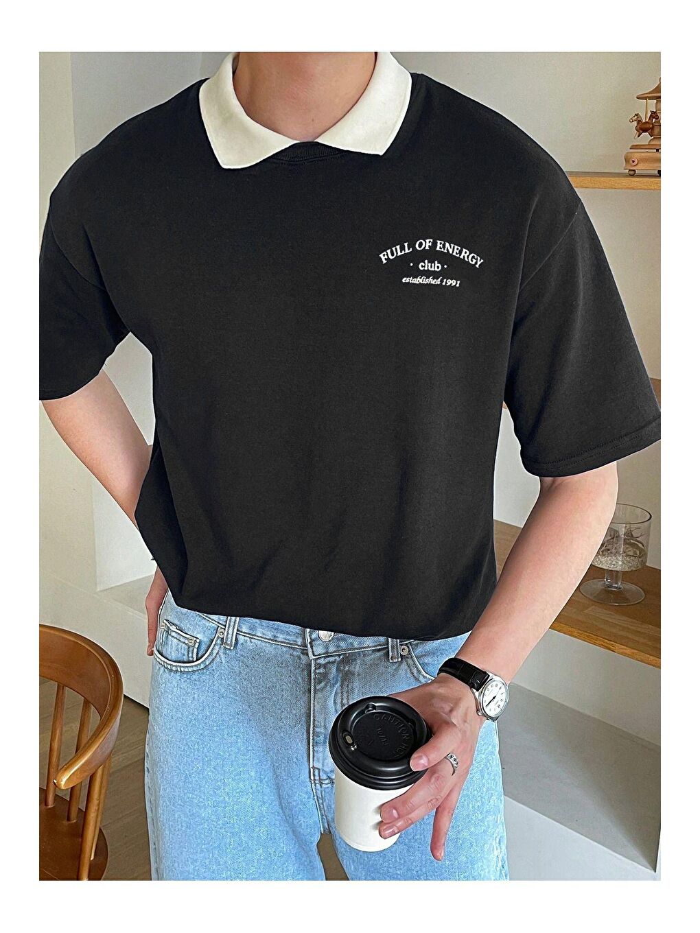 Siyah Polo yaka Erkek Oversize Tişört %100 pamuk kalın dokulu OVERSIZE-POLOYAKATSHIRT-2