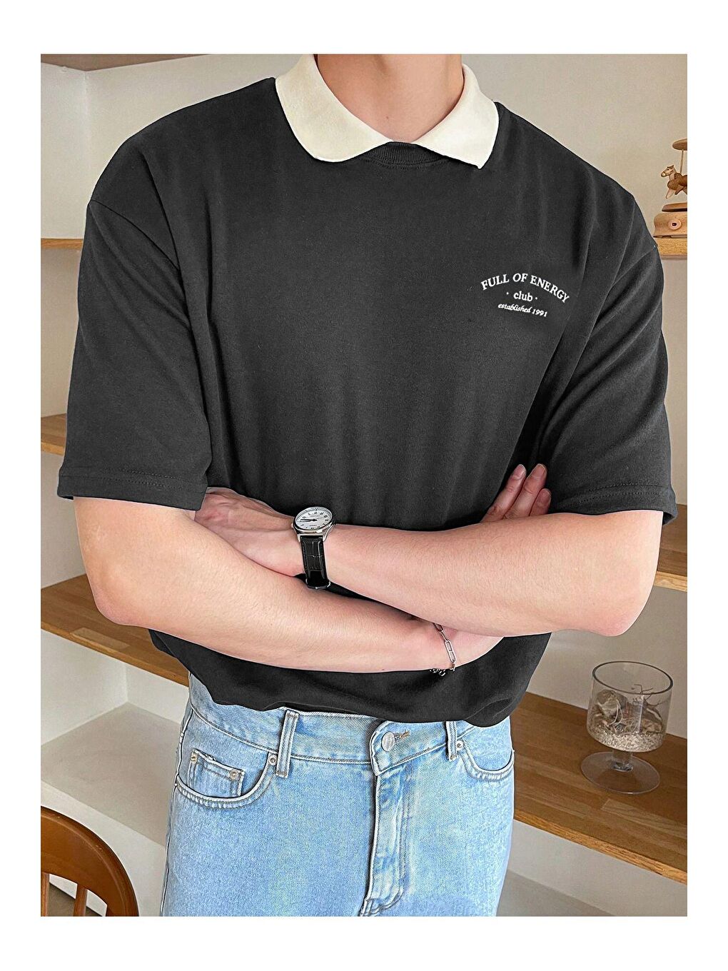 Siyah Polo yaka Erkek Oversize Tişört %100 pamuk kalın dokulu OVERSIZE-POLOYAKATSHIRT-4