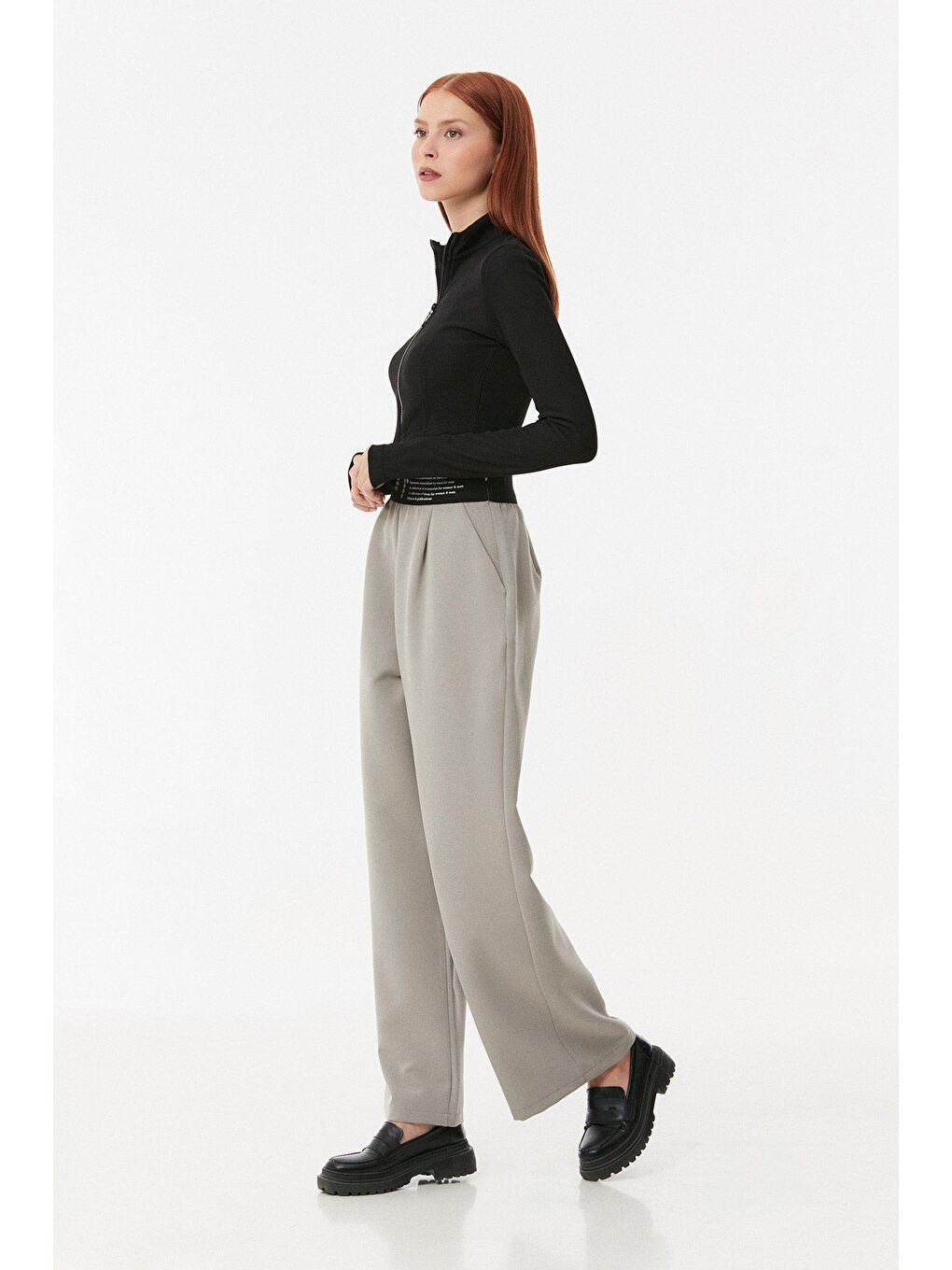 Gri Beli Lastikli Yazı Baskılı Palazzo Pantolon-1