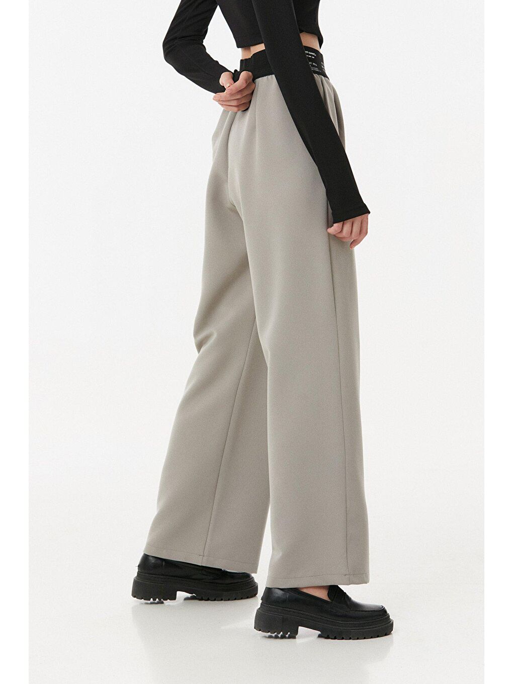 Gri Beli Lastikli Yazı Baskılı Palazzo Pantolon-2