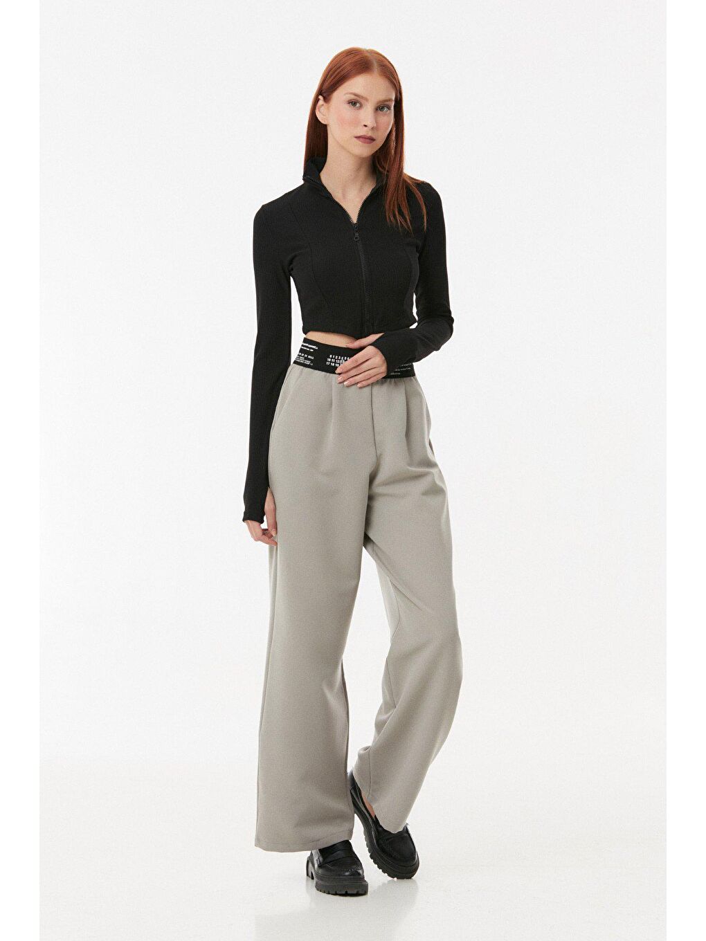 Gri Beli Lastikli Yazı Baskılı Palazzo Pantolon-3