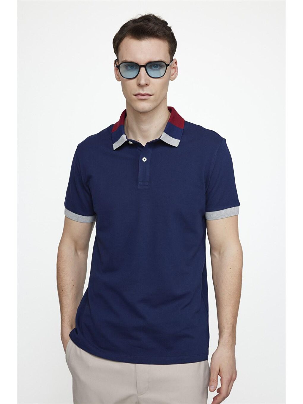 Erkek Slim Fit Dar Kesim %100 Pamuk Düz Pike Lacivert Polo Yaka Tişört