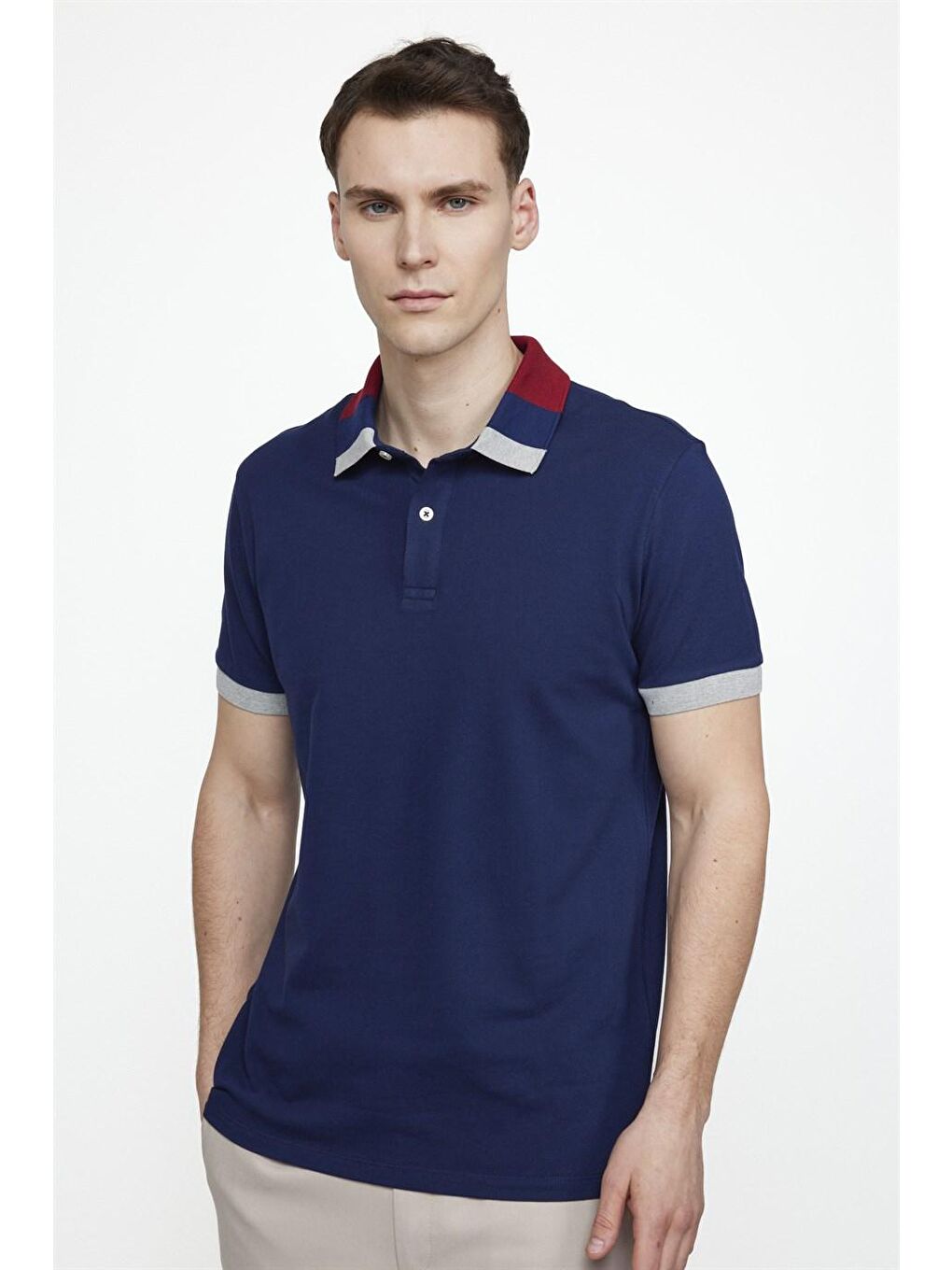 Erkek Slim Fit Dar Kesim %100 Pamuk Düz Pike Lacivert Polo Yaka Tişört-2