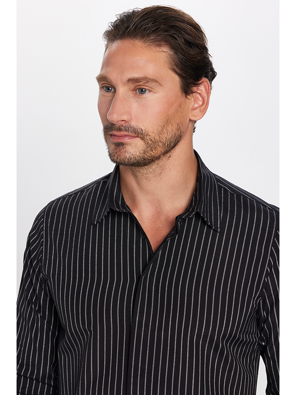 Slim Fit Uzun Kollu Pamuklu Kolay Ütü Çizgili Erkek Siyah Lacivert Gömlek-1