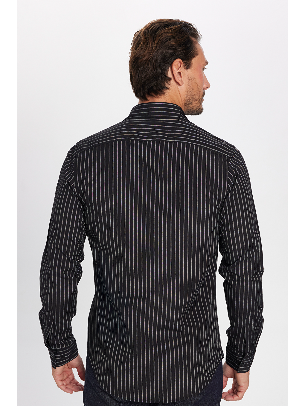 Slim Fit Uzun Kollu Pamuklu Kolay Ütü Çizgili Erkek Siyah Lacivert Gömlek-4