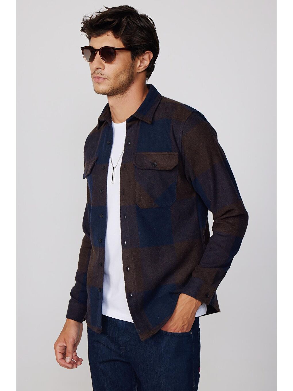 Karışık Slim Fit Büyük Kareli Çift Cepli Oduncu Erkek Gömlek