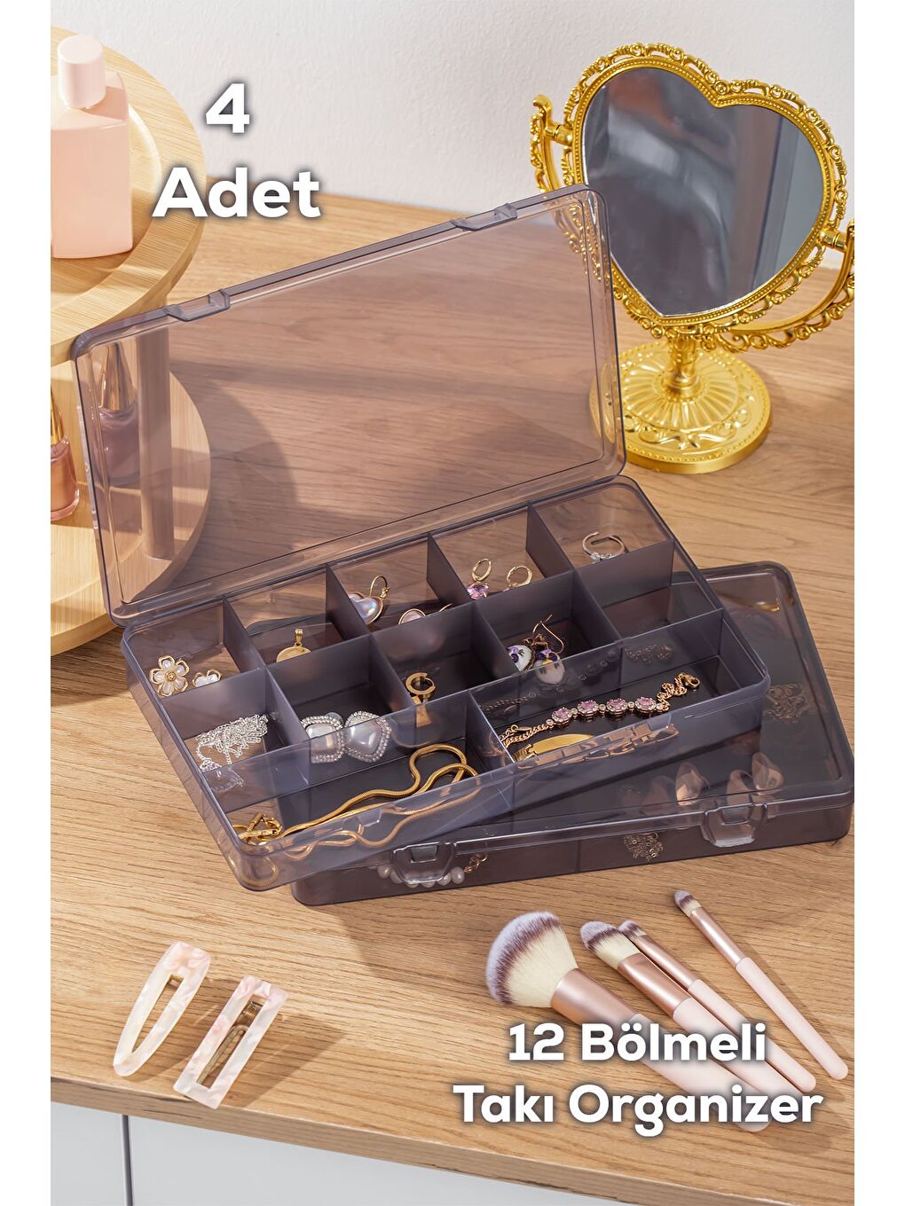 Renksiz Org601 Çok Amaçlı Bölmeli Şeffaf Kutu 4lü Organizer Kapaklı Boncuk Takı Kutusu Takı Düzenleyici Antr