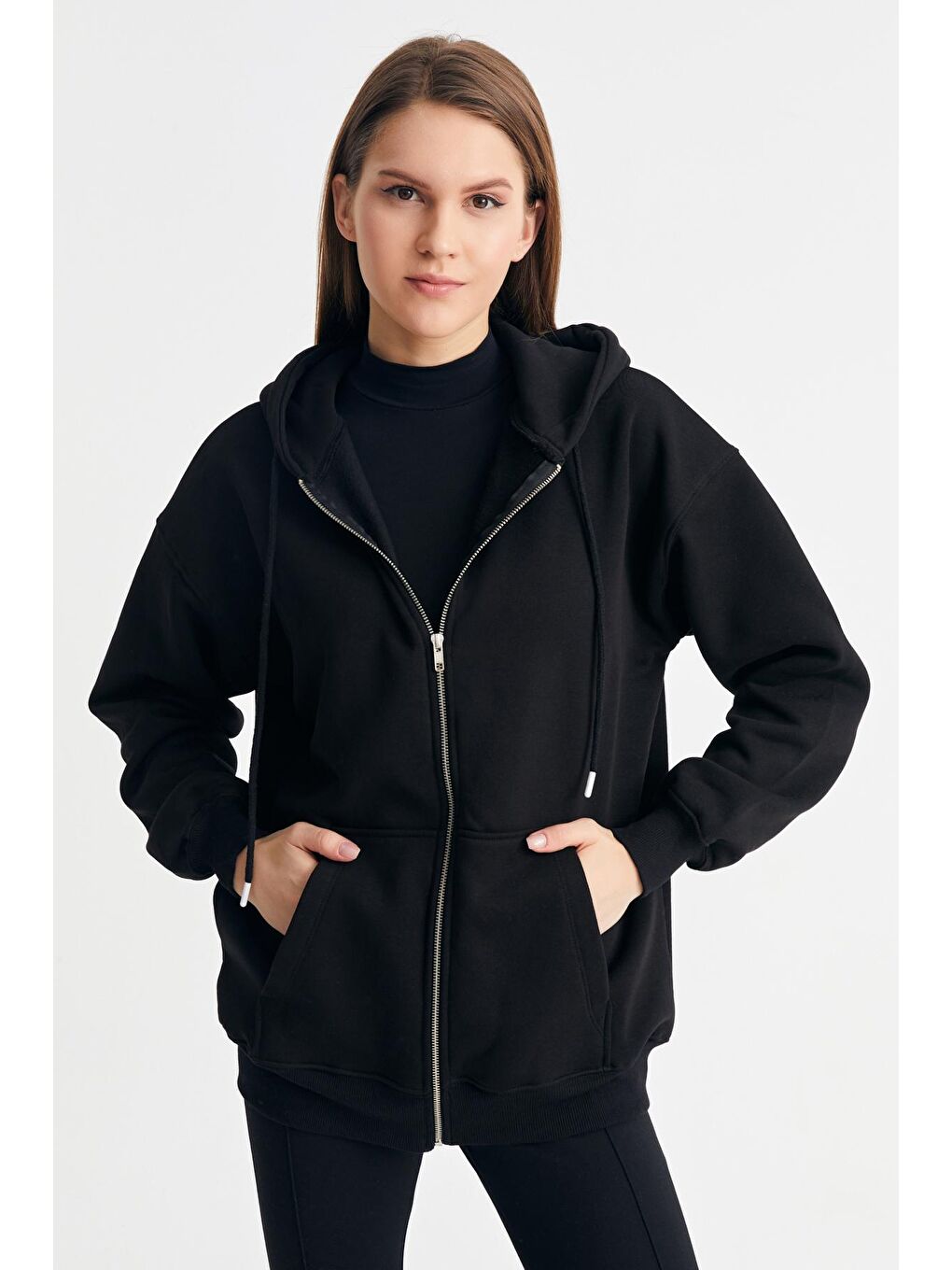 Kadın Siyah Kapüşonlu Oversize Basic Örme Hırka