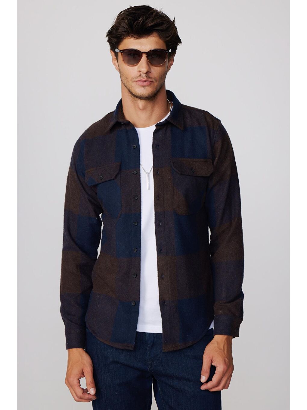 Karışık Slim Fit Büyük Kareli Çift Cepli Oduncu Erkek Gömlek-1