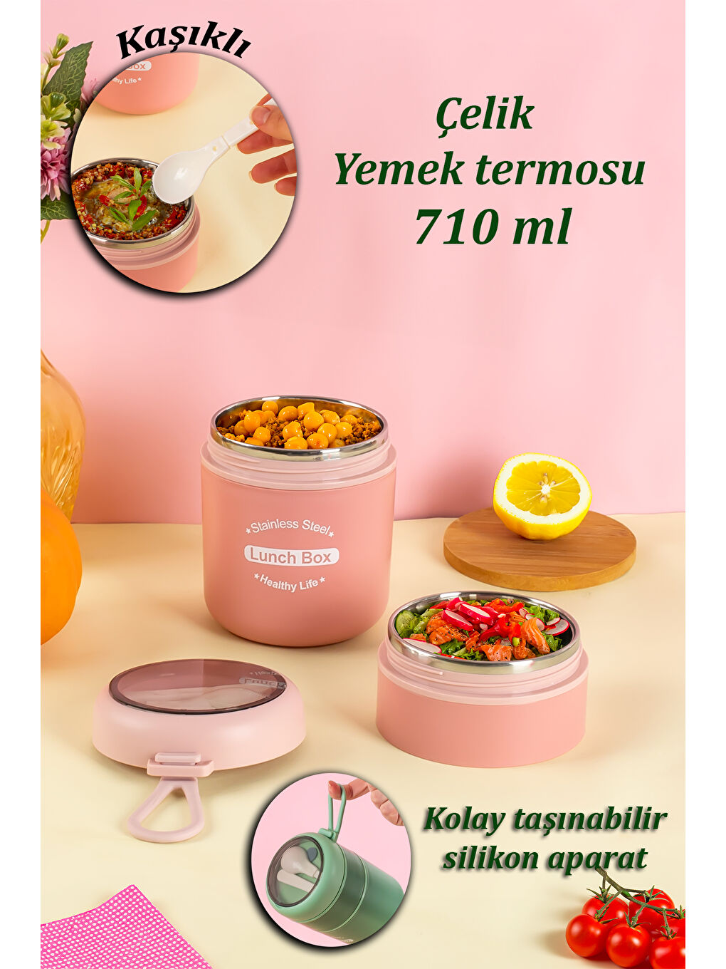 66720 Yemek Termosu Çelik Yemek Termosu Lunch Box Taşınabilir Yemek Kabı Termos 710ML -Pembe