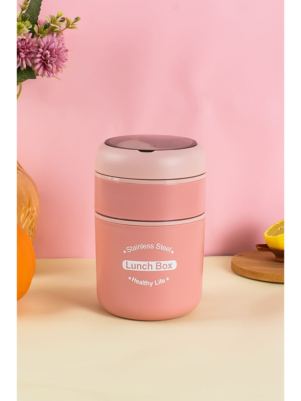 66720 Yemek Termosu Çelik Yemek Termosu Lunch Box Taşınabilir Yemek Kabı Termos 710ML -Pembe-3