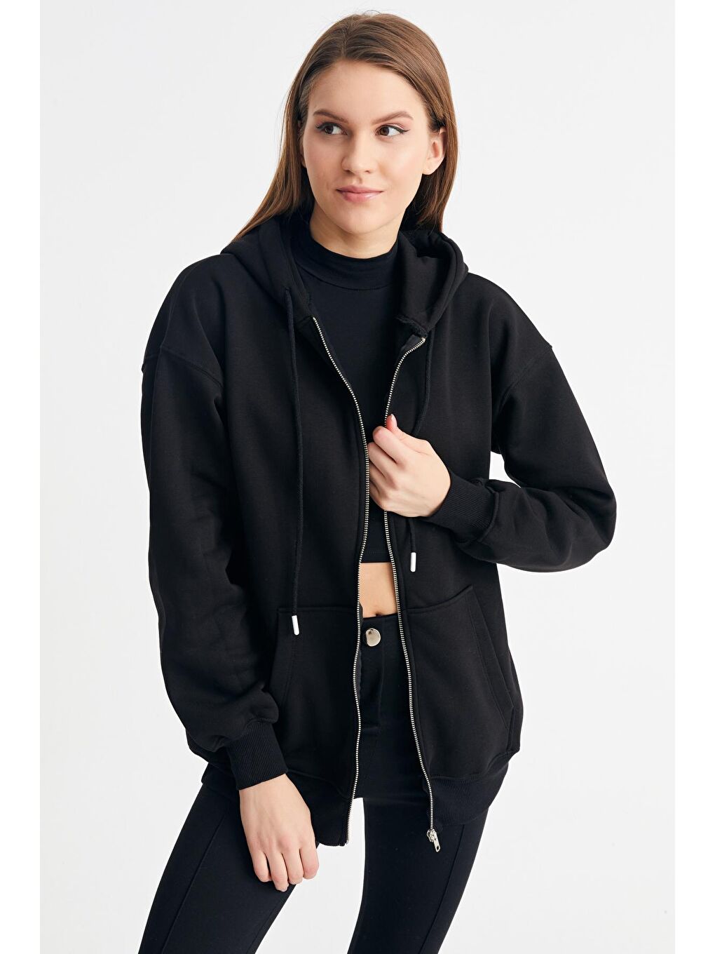 Kadın Siyah Kapüşonlu Oversize Basic Örme Hırka-1