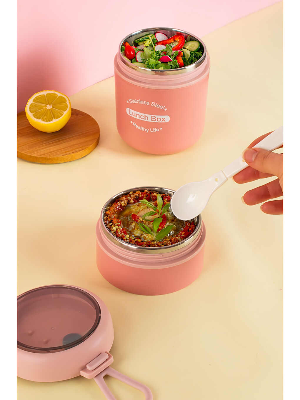 66720 Yemek Termosu Çelik Yemek Termosu Lunch Box Taşınabilir Yemek Kabı Termos 710ML -Pembe-4