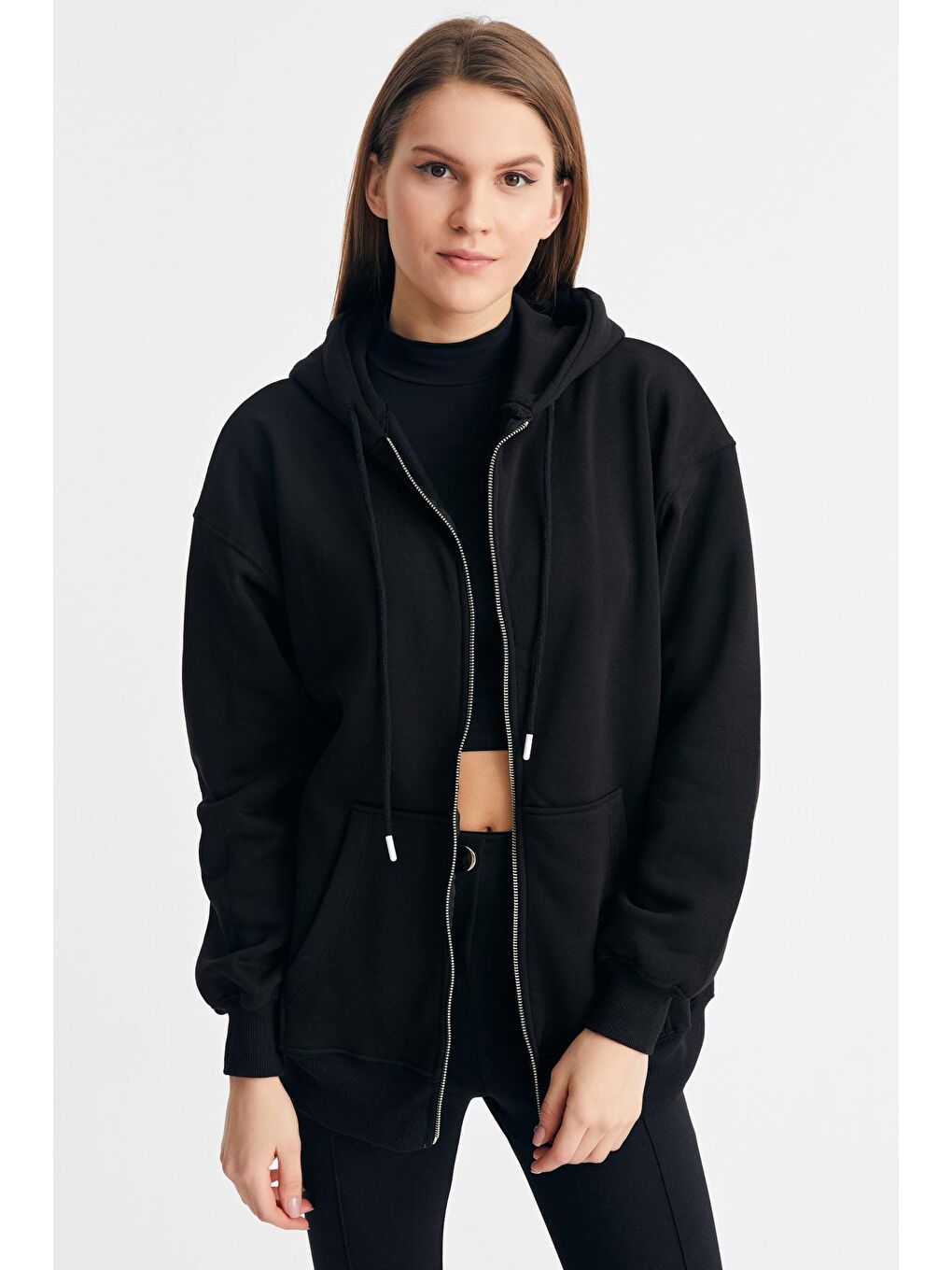 Kadın Siyah Kapüşonlu Oversize Basic Örme Hırka-2