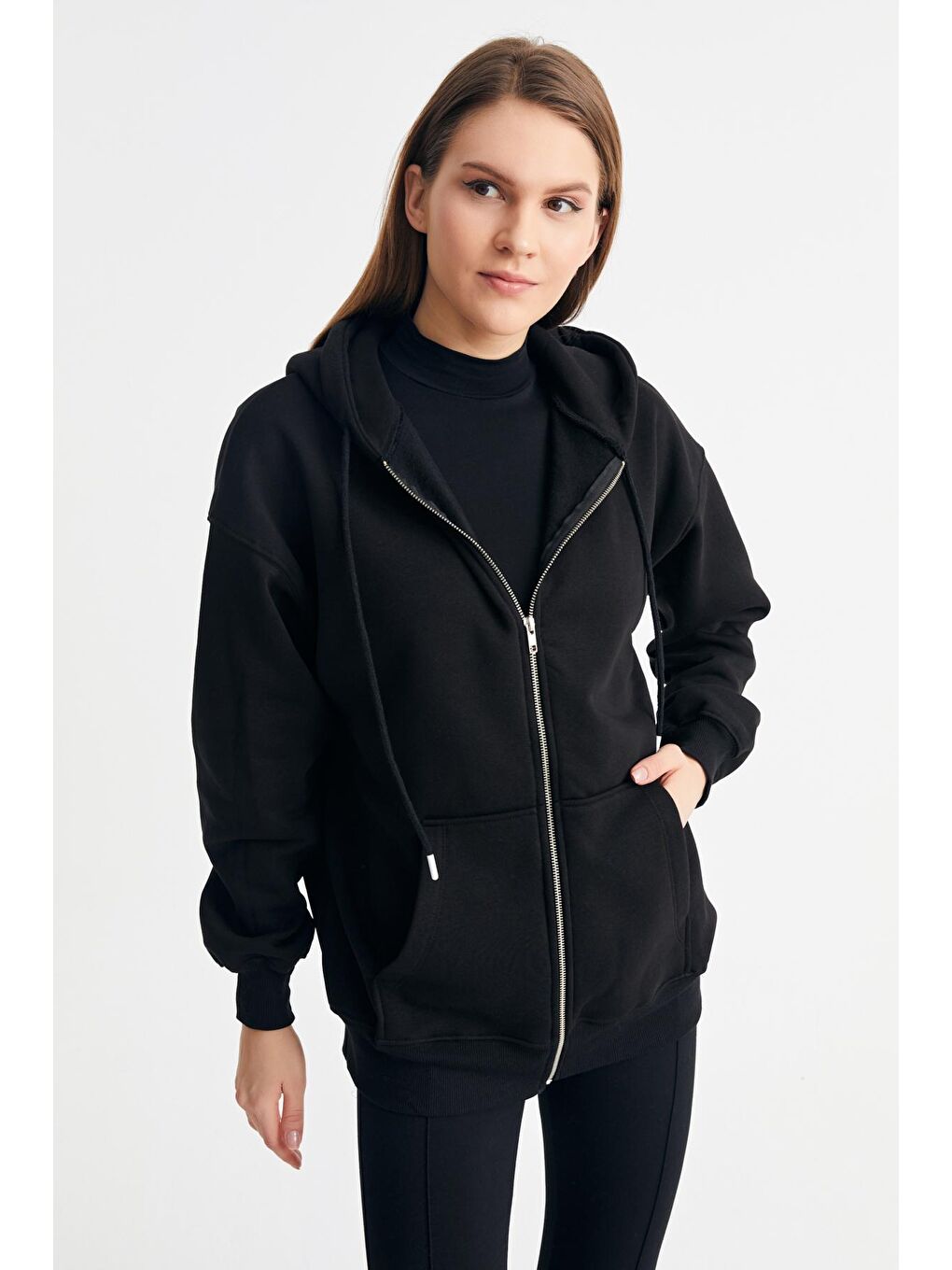 Kadın Siyah Kapüşonlu Oversize Basic Örme Hırka-4