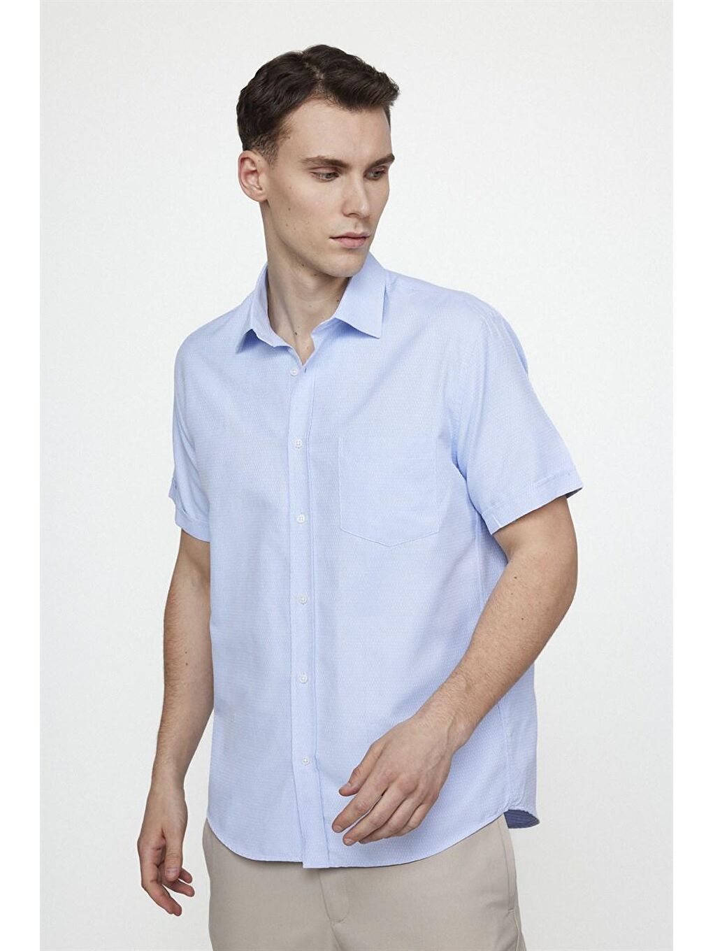 Klasik Fit Kısa Kol Armürlü Kravatlık Pamuklu Erkek Mavi Gömlek