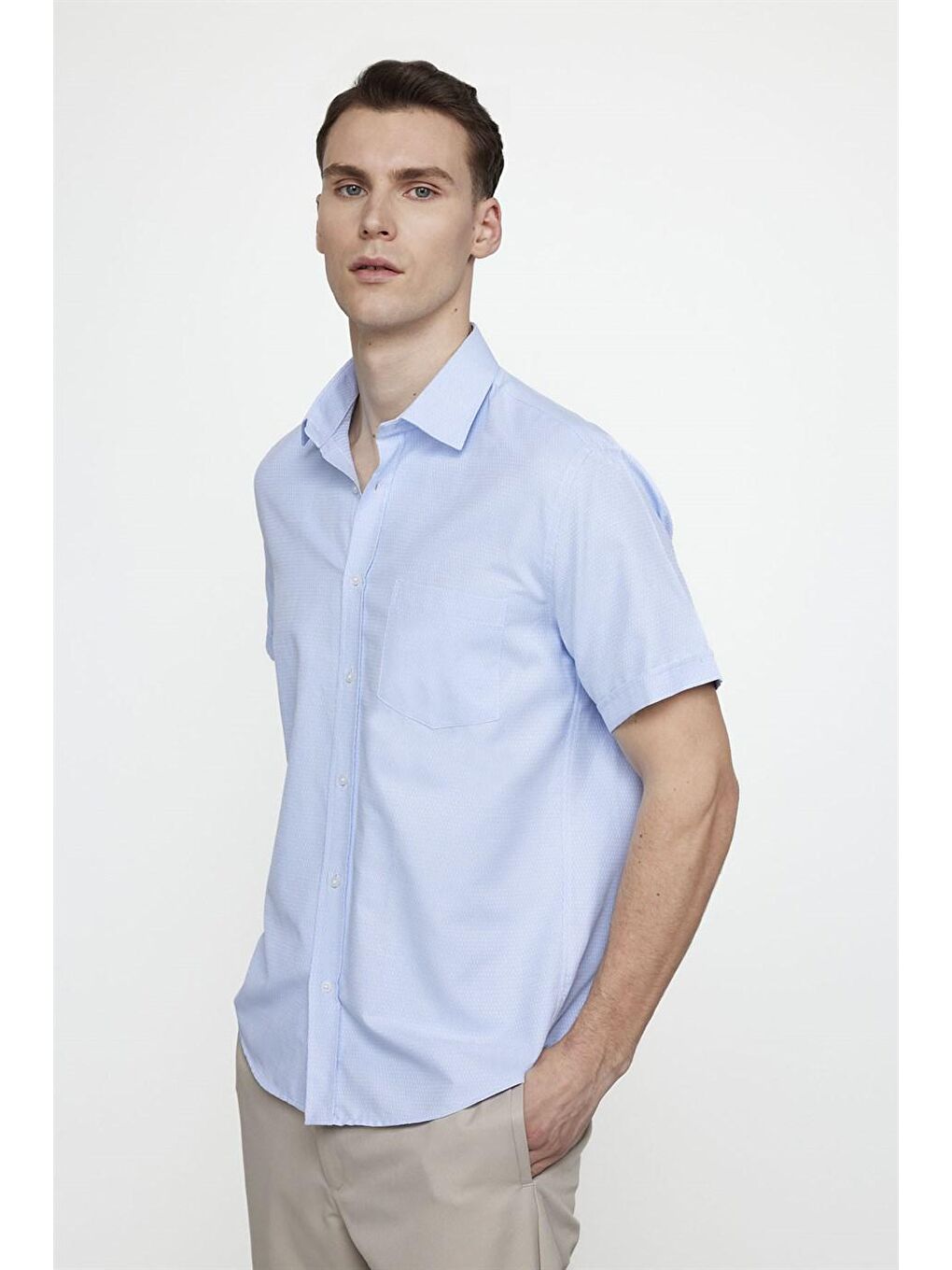 Klasik Fit Kısa Kol Armürlü Kravatlık Pamuklu Erkek Mavi Gömlek-1