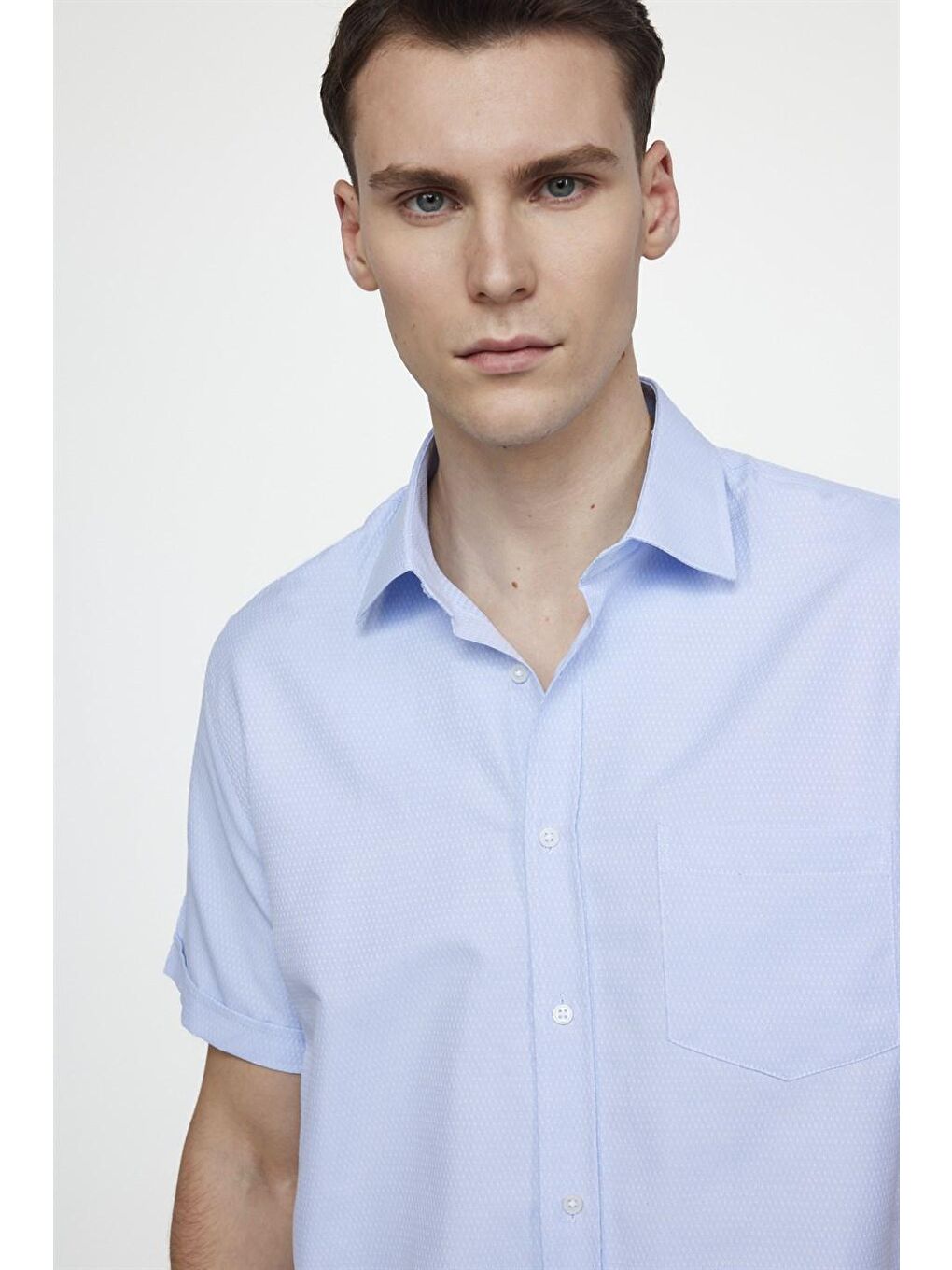 Klasik Fit Kısa Kol Armürlü Kravatlık Pamuklu Erkek Mavi Gömlek-2