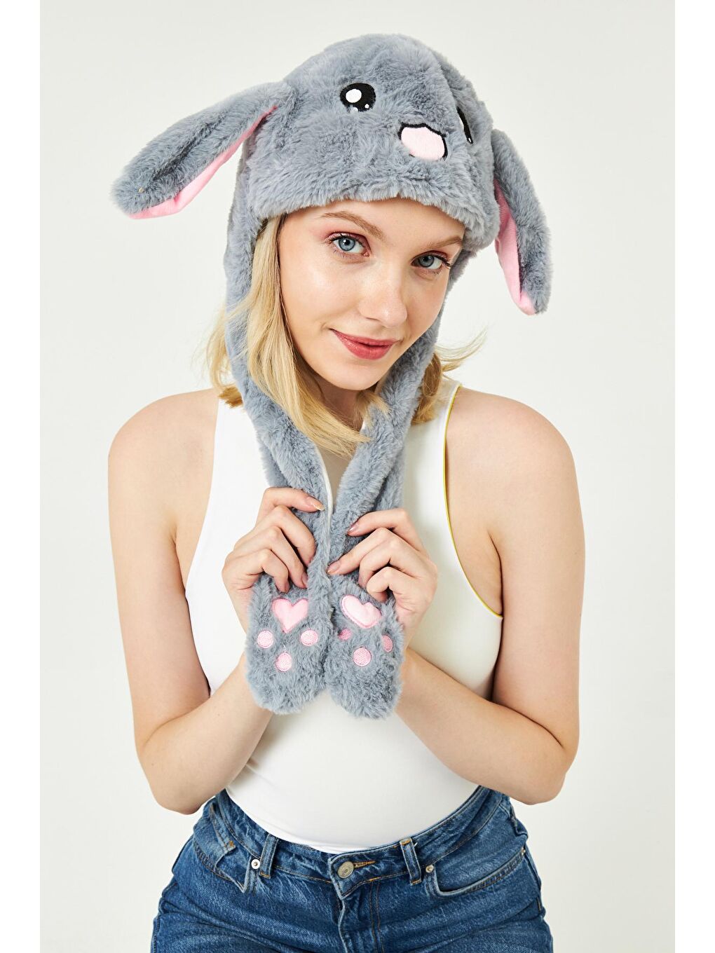 Kulakları Hareket Eden Tavşan Şapka Ledli Gri-2