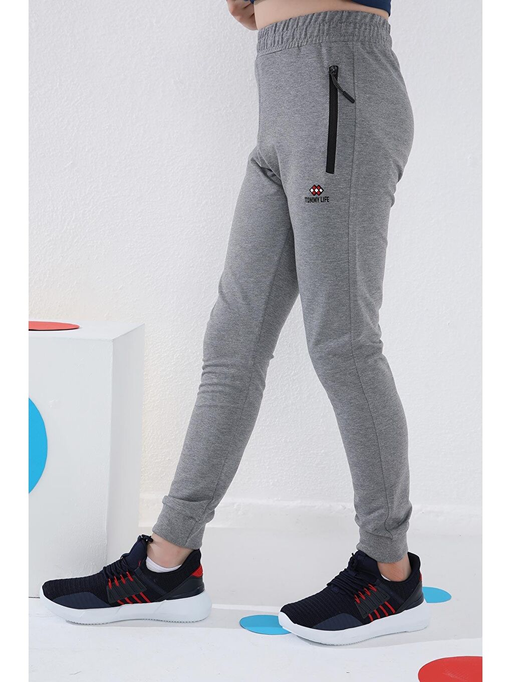 Gri Melanj Erkek Çocuk Jogger Fermuarlı Cep Standart Kalıp Manşetli Eşofman Alt - 64042-1