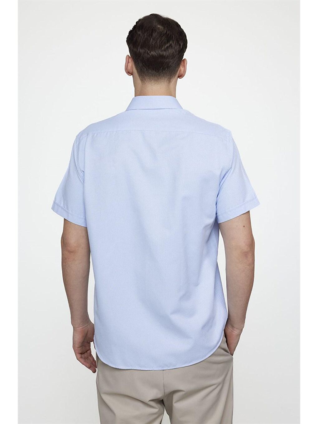 Klasik Fit Kısa Kol Armürlü Kravatlık Pamuklu Erkek Mavi Gömlek-3