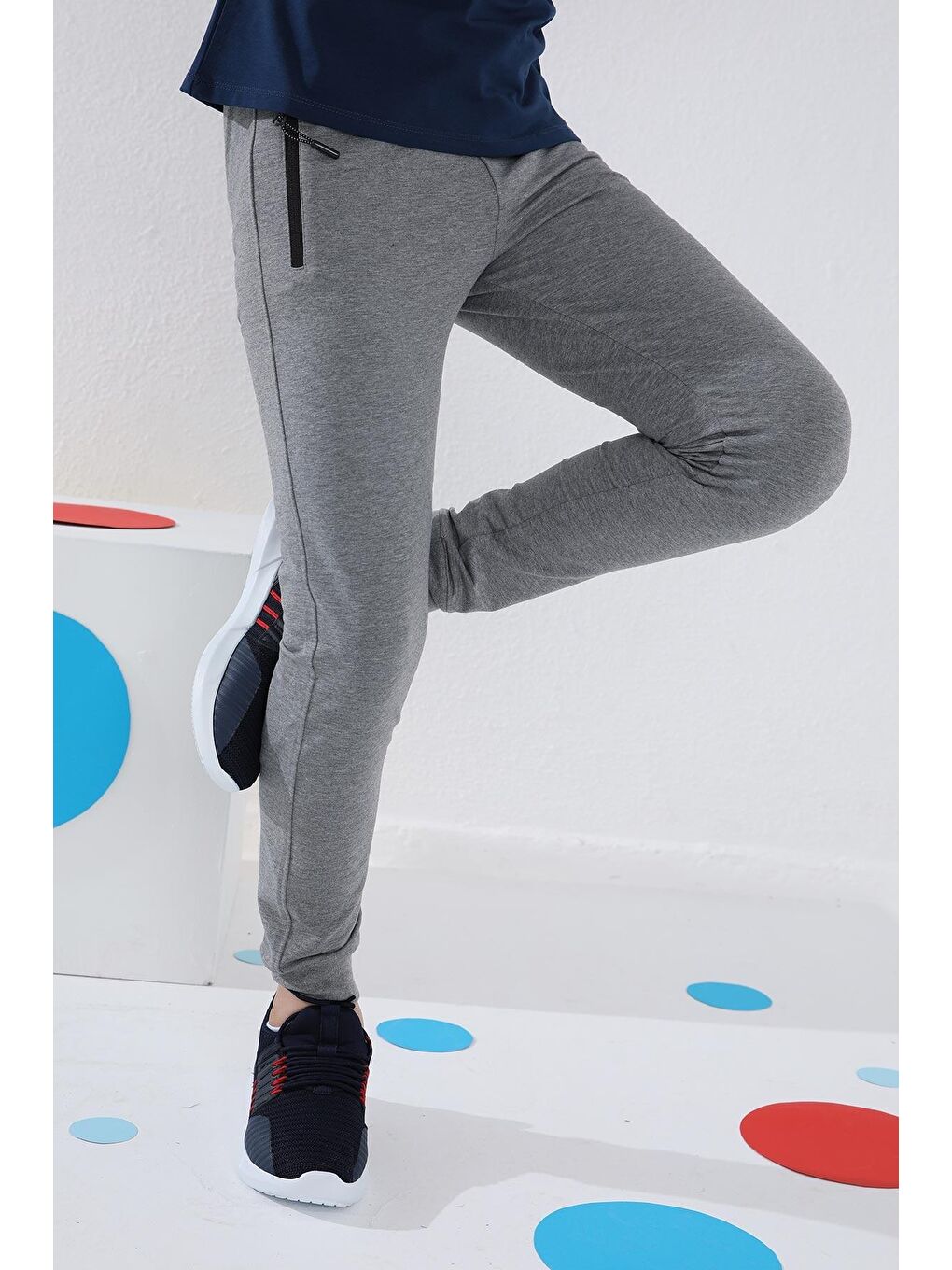 Gri Melanj Erkek Çocuk Jogger Fermuarlı Cep Standart Kalıp Manşetli Eşofman Alt - 64042-2