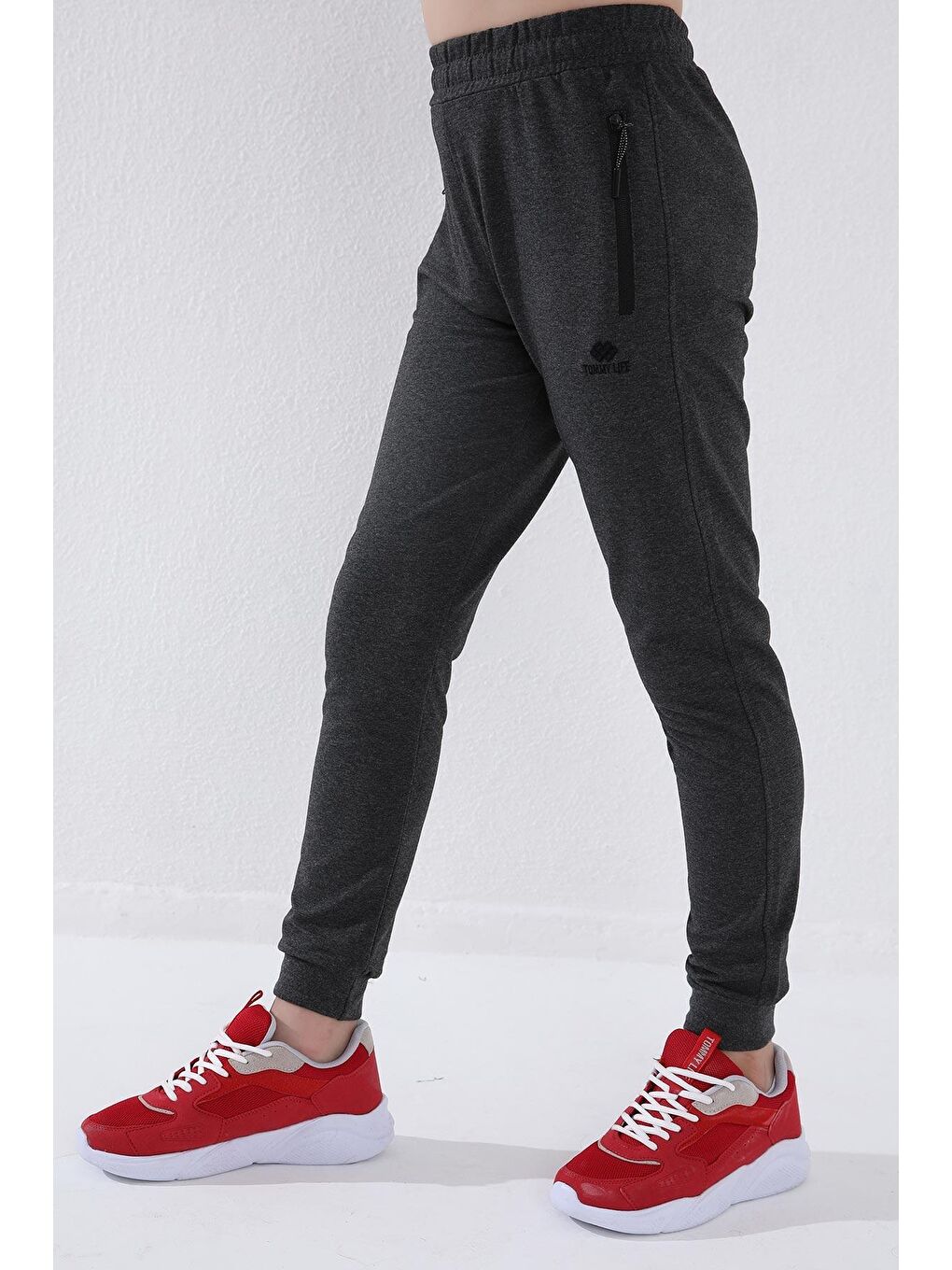 Antrasit Melanj Erkek Çocuk Jogger Fermuarlı Cep Standart Kalıp Manşetli Eşofman Alt - 64042-1