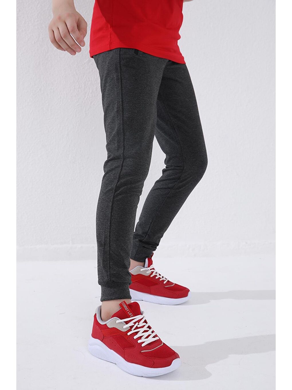 Antrasit Melanj Erkek Çocuk Jogger Fermuarlı Cep Standart Kalıp Manşetli Eşofman Alt - 64042-2