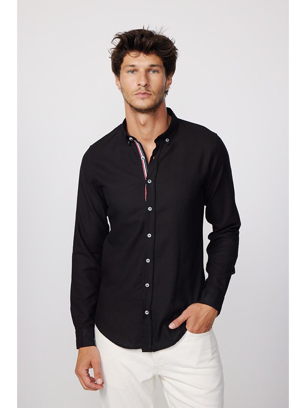 Slim Fit Uzun Kol Pamuk Keten Biyeli Düğmeli Yaka Siyah Erkek Gömlek-2