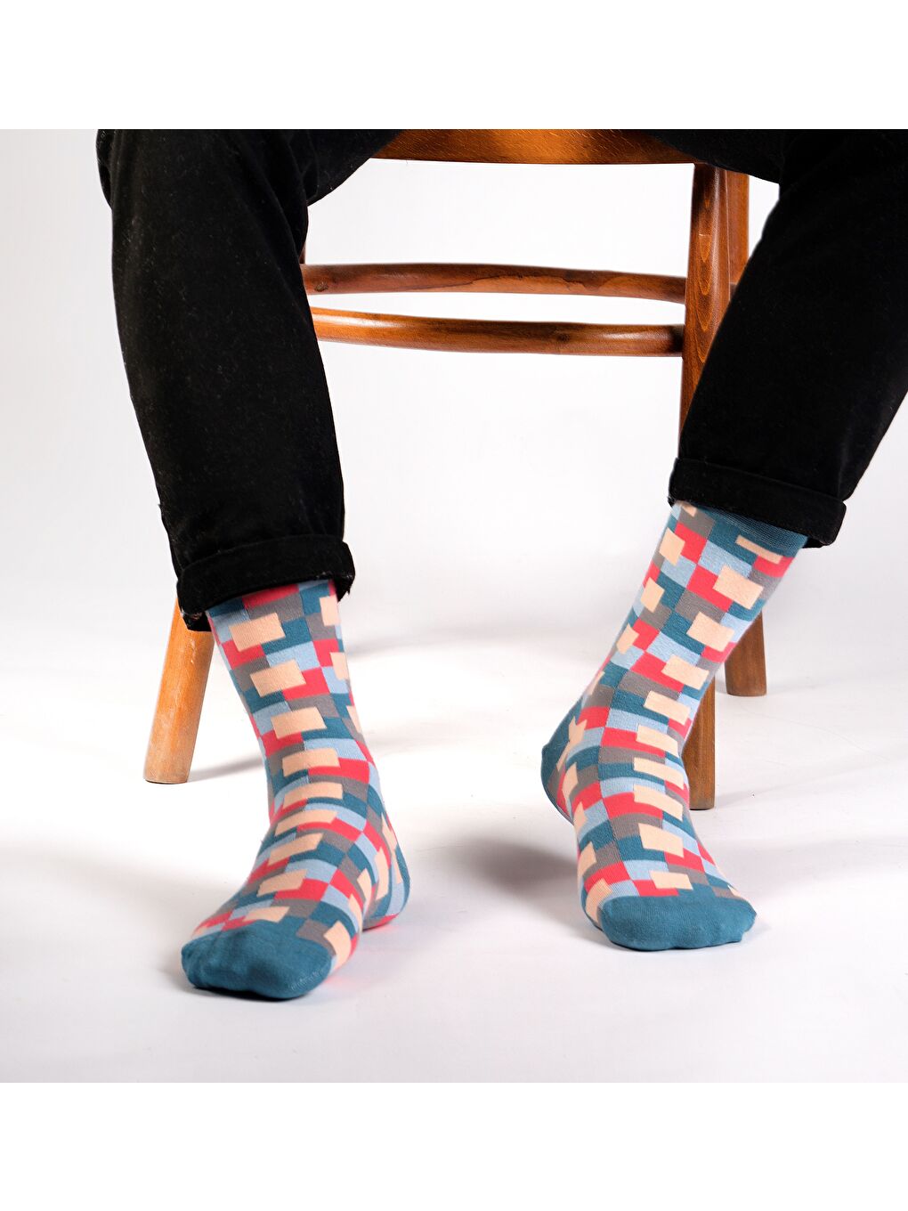 Mavi Frame Desenli Soket Çorap-3