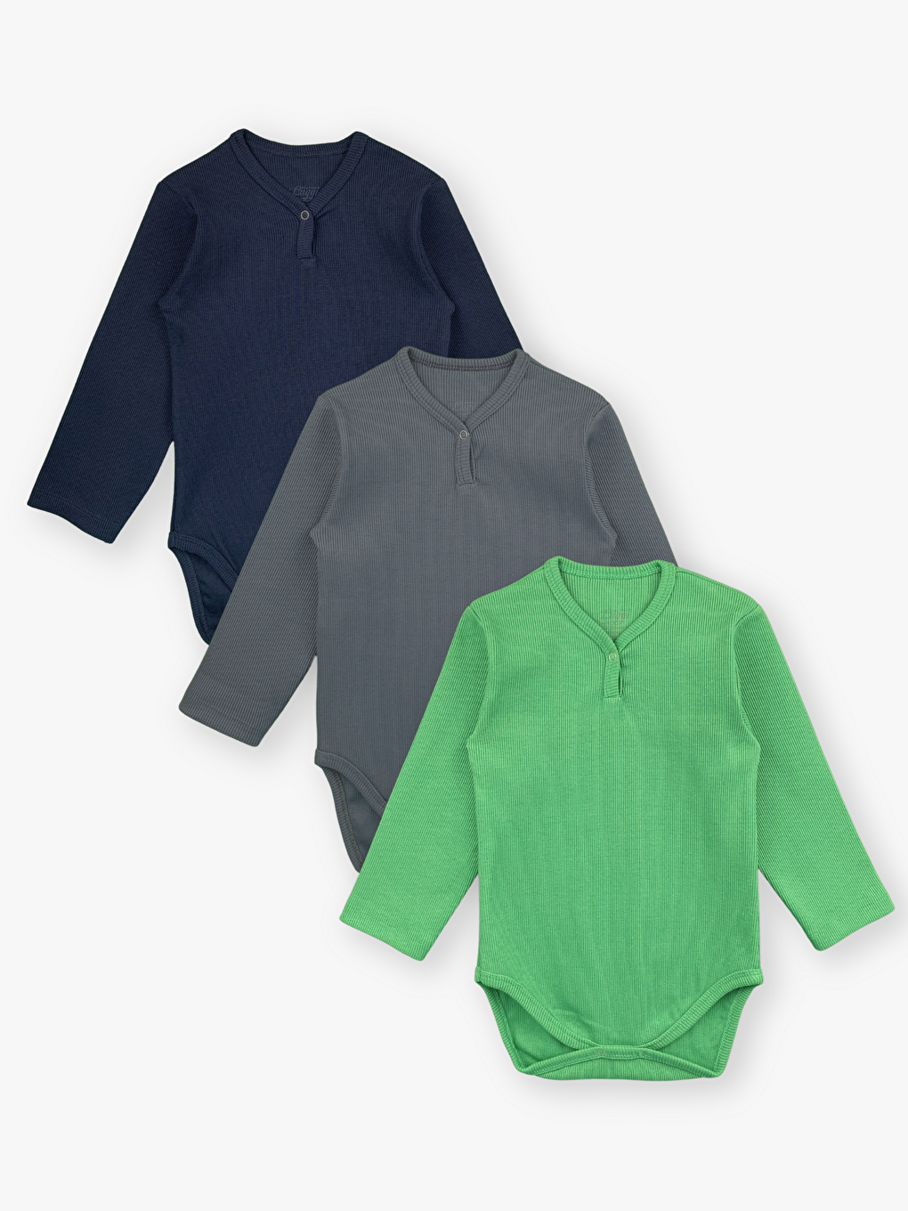 Lacivert V Yaka Fitilli Kaşkorse Uzun Kollu Erkek Bebek Çıtçıtlı Body 3'lü