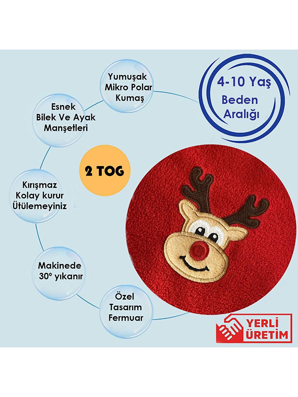 Yorni Açık Kırmızı Unisex Bebek/Çocuk Yılbaşı Nakışlı 2 Tog Polar Uyku Tulumu - 6