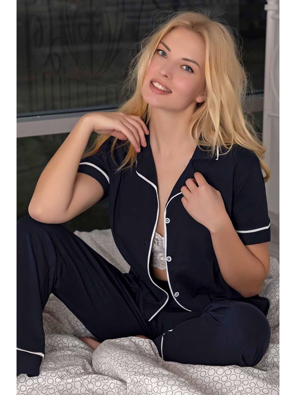 Lacivert Kısa Kollu Pamuklu Düğmeli Biyeli Pijama Takım