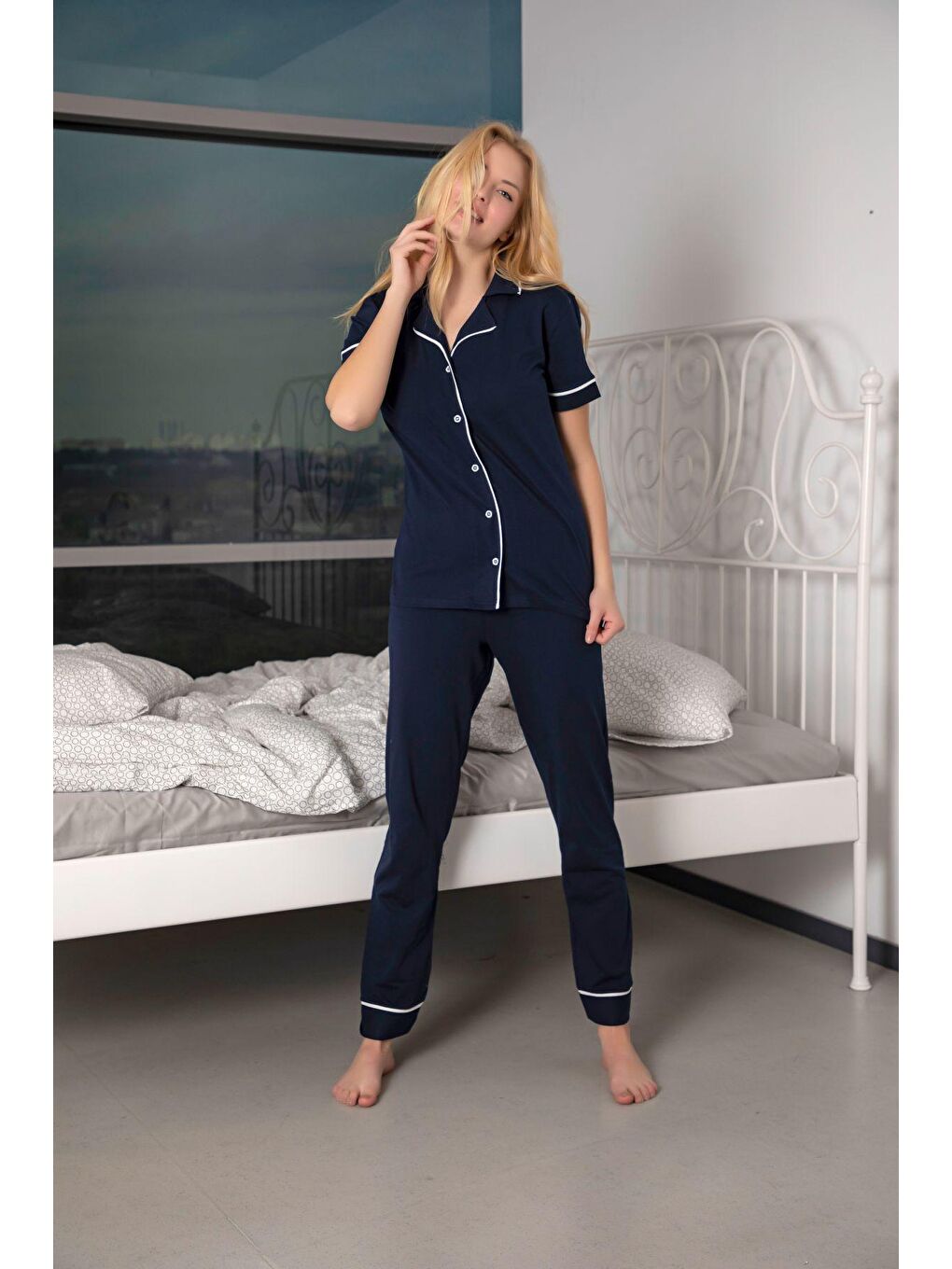 Lacivert Kısa Kollu Pamuklu Düğmeli Biyeli Pijama Takım-2