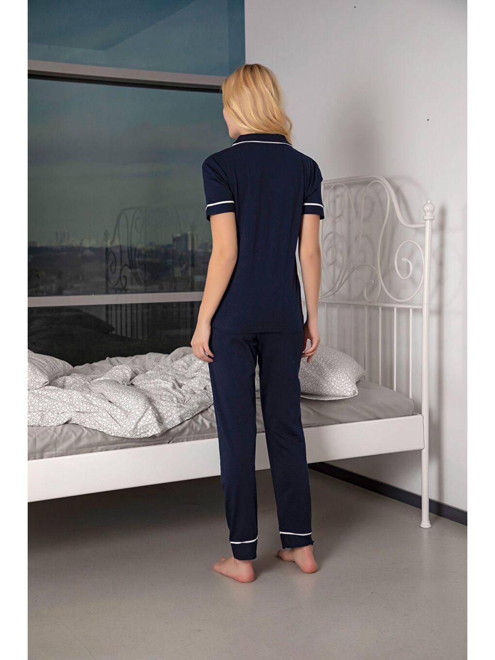 Lacivert Kısa Kollu Pamuklu Düğmeli Biyeli Pijama Takım-3