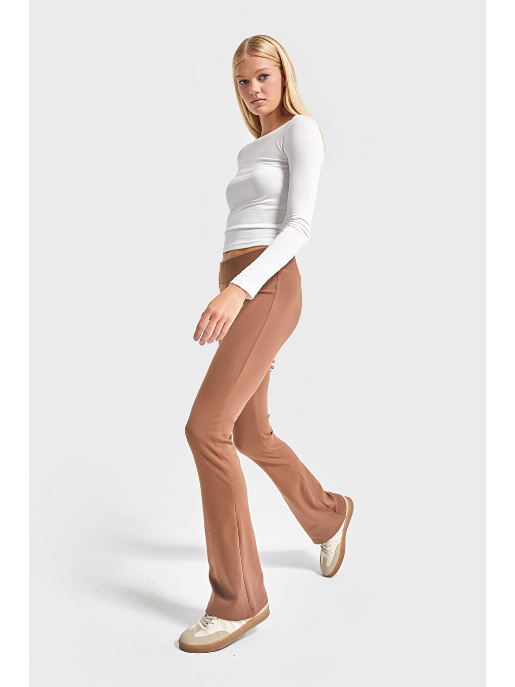 Kadın Kahverengi s5-81 Slim Fit Süper Esnek Kumaş Flare Fit Pantolon-2