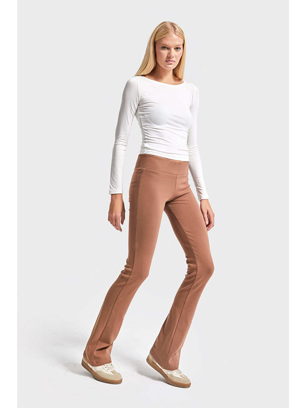 Kadın Kahverengi s5-81 Slim Fit Süper Esnek Kumaş Flare Fit Pantolon-4