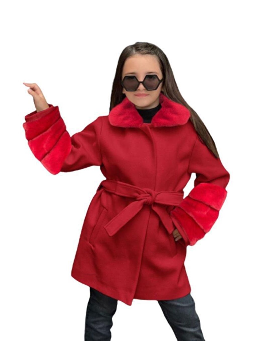Kız Çocuk Yakası ve Kol Uçları Peluş, Gizli Düğme Detaylı Kırmızı Kaşe Kaban
