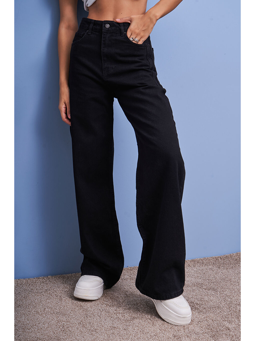Kadın Siyah Black Od Renk Olea Wide Leg Fit Rahat Kalıp Yüksek Bel Denim-1