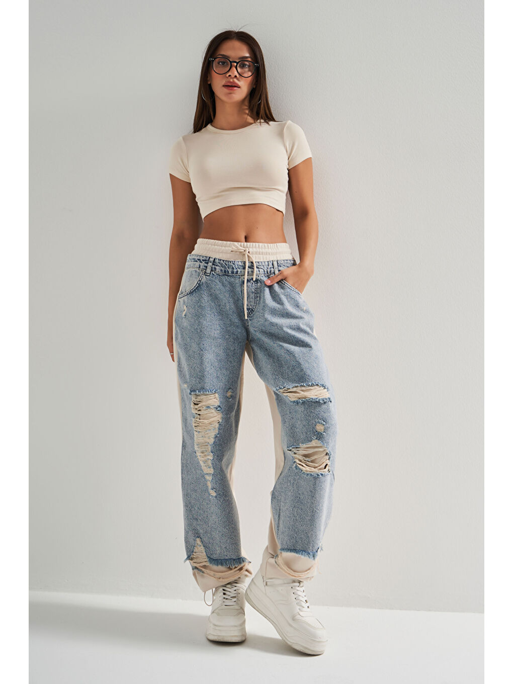 Mavi Kadın Yırtık Denim Detaylı Skater Jogger-4