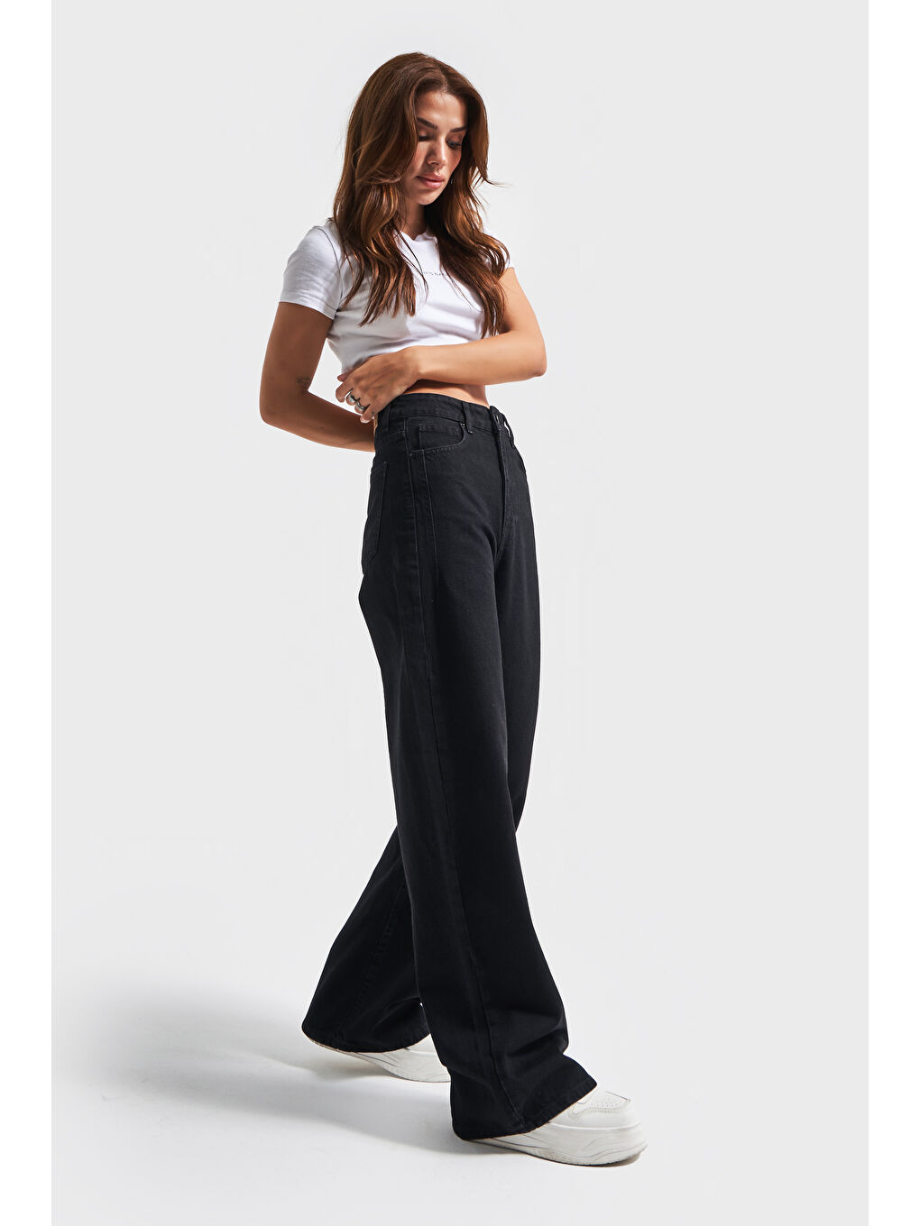 Kadın Siyah Black Od Renk Olea Wide Leg Fit Rahat Kalıp Yüksek Bel Denim-2