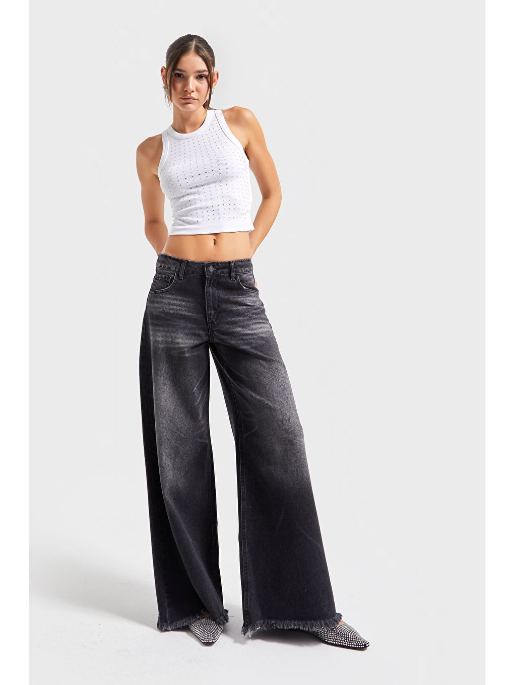 Gri Kadın Koyu Füme Renk 12s5-1 Palazzo Fit Paça Detaylı İç Boy 80cm %100 Pamuk Denim Jean-4