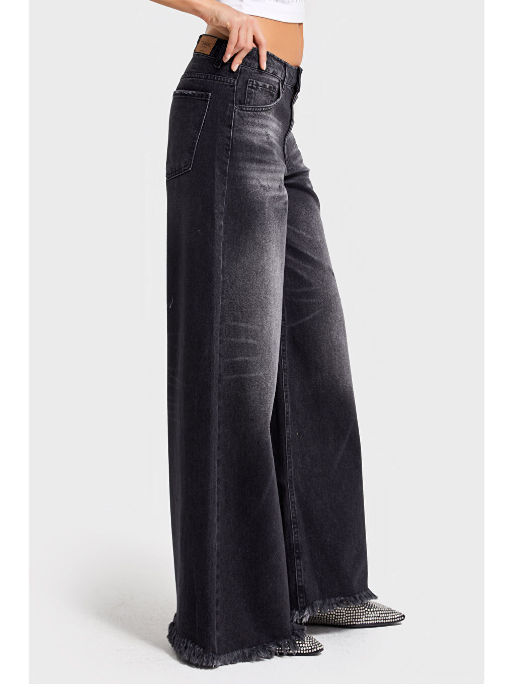 Gri Kadın Koyu Füme Renk 12s5-1 Palazzo Fit Paça Detaylı İç Boy 80cm %100 Pamuk Denim Jean-5