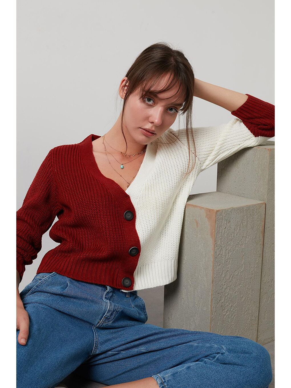 Ekru % 100 Soft Akrilik Renk Bloklu Triko Örme Hırka 4615043