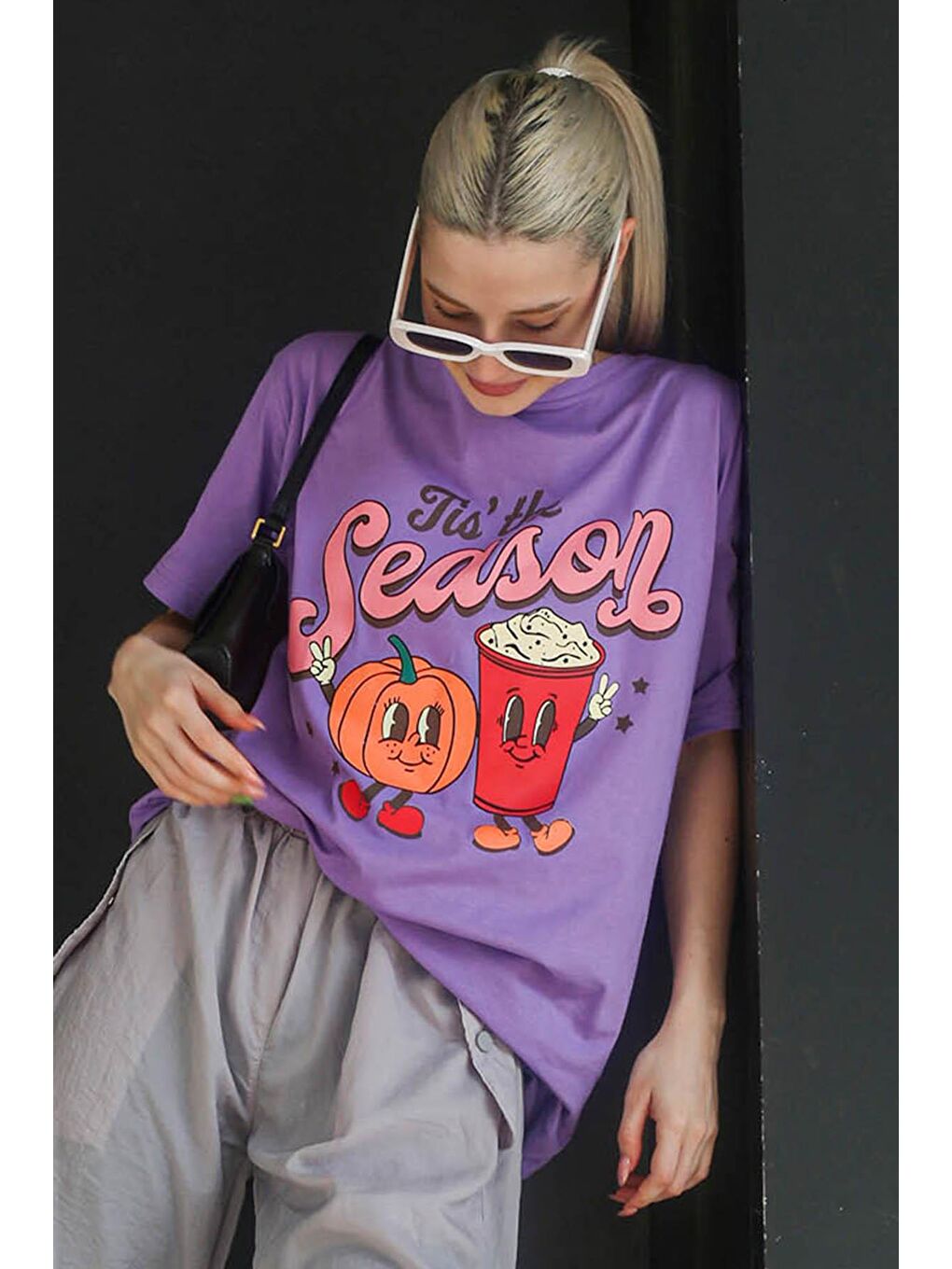 Lila Baskılı Bisiklet Yaka Kadın Tişört Mg1776-1